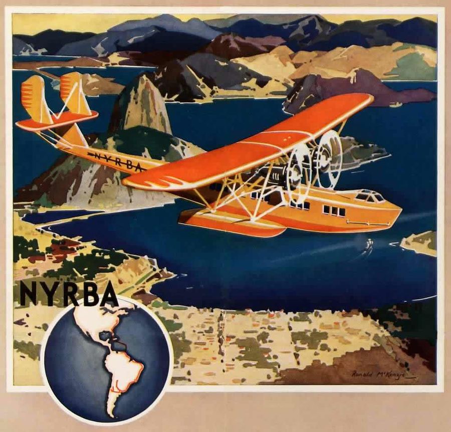 Авиационные плакаты США 20-х - 30-х годов | Авиакомпания NYRBA. Полеты по маршруту Нью-Йорк - Рио-де-Жанейро - Буэнос-Айрес (1930 год)