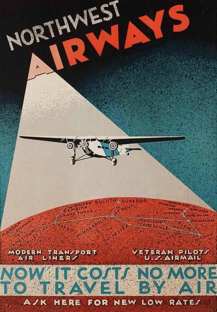 Авиационные плакаты США 20-х - 30-х годов | Авиакомпания Nortwest Airwais. Полеты из Чикаго в близлежащие города по низким ценам (1929 год)