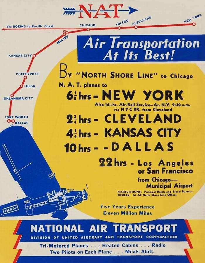 Авиационные плакаты США 20-х - 30-х годов | Авиакомпания National Air Transport. Авиационный транспорт является самым лучшим. Полеты из Чикаго в Нью-Йорк, Кливленд, Канзас-Сити, Даллас, Лос-Анджелес и Сан-Франциско (1929 год)