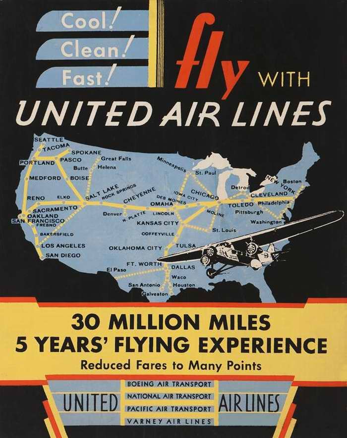 Авиационные плакаты США 20-х - 30-х годов | Приятно! Чисто! Быстро! Летайте с авиакомпанией United Air Lines - 30 миллионов миль за 5 лет летного обслуживания пассажиров (1929 год)