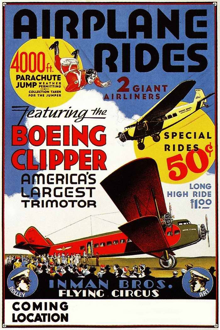 Авиационные плакаты США 20-х - 30-х годов | Воздушный цирк и пробные полеты на пассажирских самолетах по цене 50 центов (1931 год)