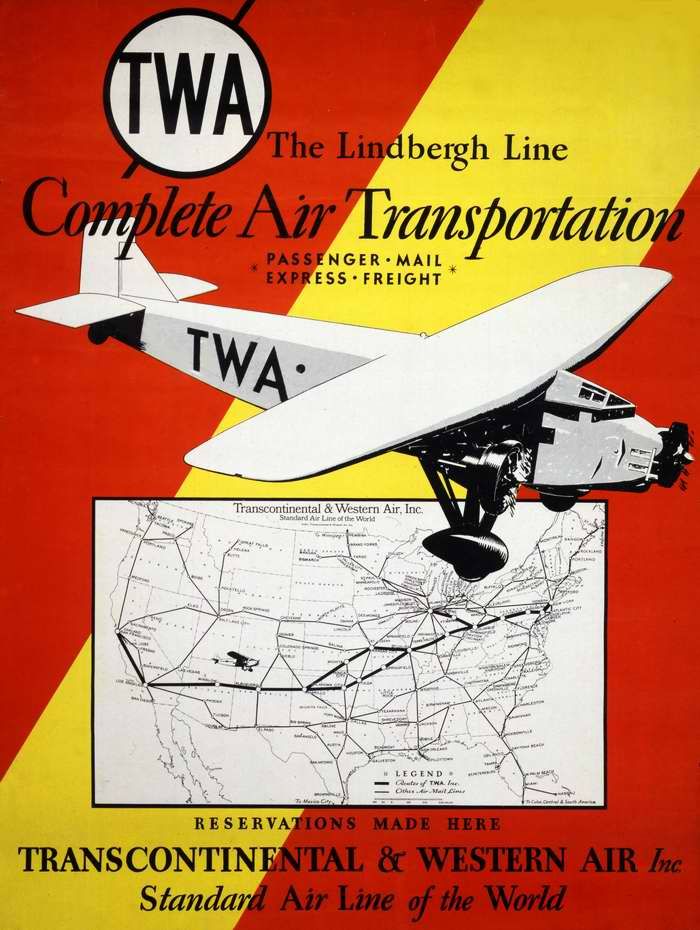 Авиационные плакаты США 20-х - 30-х годов | Авиакомпания Transcontinental & Western Air. Универсальные авиаперевозки - пассажиры, экспресс авиапочта, доставка грузов (1932 год)
