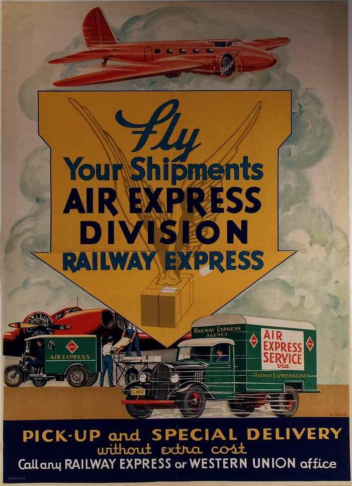 Авиационные плакаты США 20-х - 30-х годов | Осуществляйте отправку ваших грузов экспресс авиапочтой (1933 год)
