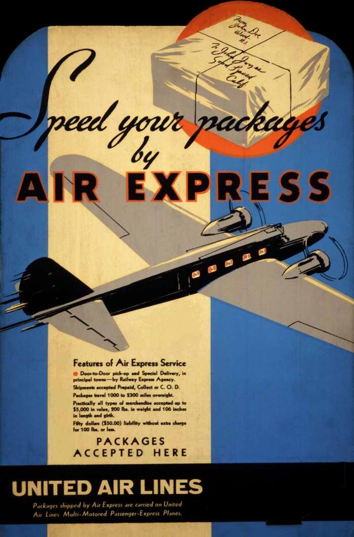 Авиационные плакаты США 20-х - 30-х годов | Авиакомпания United Air Lines - отправляйте ваши грузы экспресс авиапочтой (1933 год)