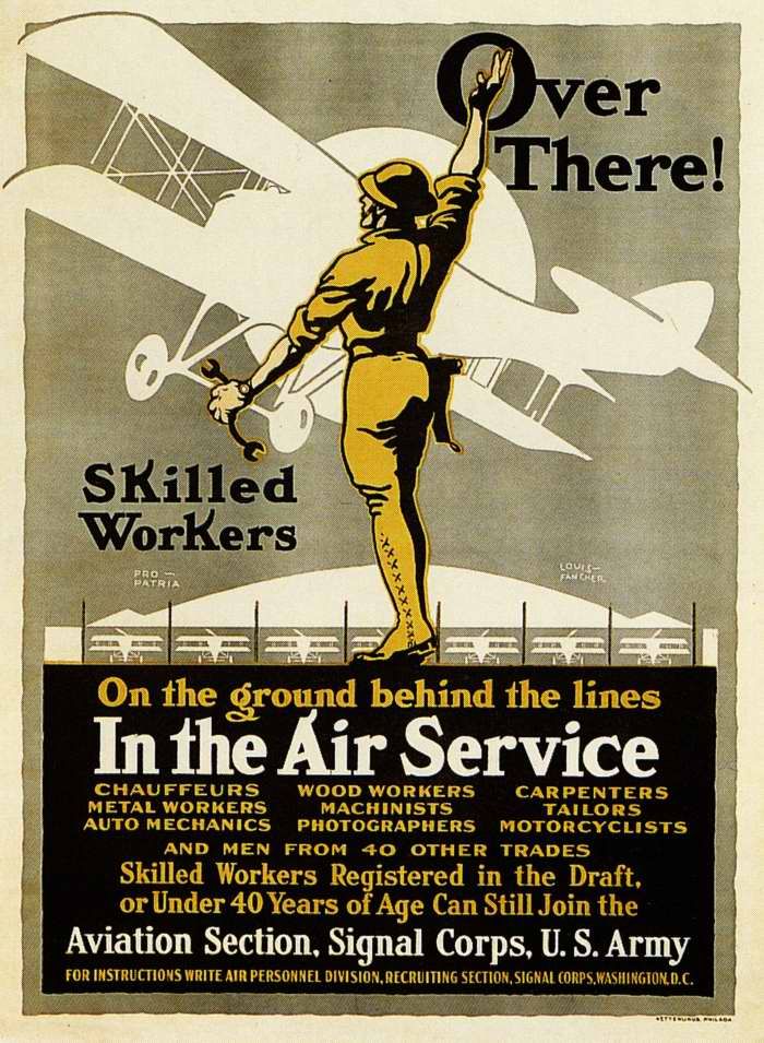 Авиационные плакаты США 20-х - 30-х годов | Требуются квалифицированные рабочие для наземного обслуживания и ремонта аэропланов армии США (1917 год)