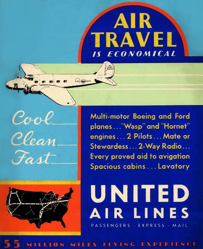 Авиационные плакаты США 20-х - 30-х годов | Путешествуйте экономно с авиакомпанией United Air Lines (1933 год)