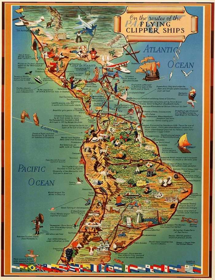 Авиационные плакаты США 20-х - 30-х годов | Авиакомпания Pan American Airways - Путешествуйте по Северной и Южной Америке на маршрутных летающих лодках (1936 год)