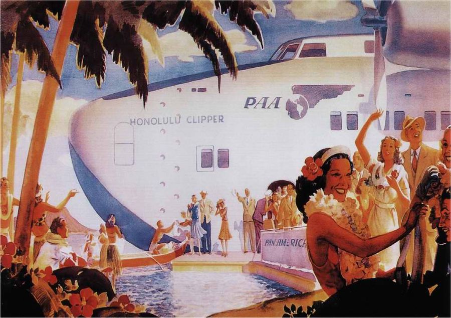 Авиационные плакаты США 20-х - 30-х годов | Авиакомпания Pan American Airways - Гигантская летающая лодка Honolulu Clpipper на Гавайских островах (1937 год)