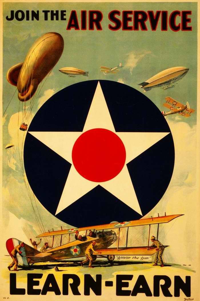 Авиационные плакаты США 20-х - 30-х годов | Записывайся в службу наземного обслуживания военных аэропланов - учись и зарабатывай! (1918 год)