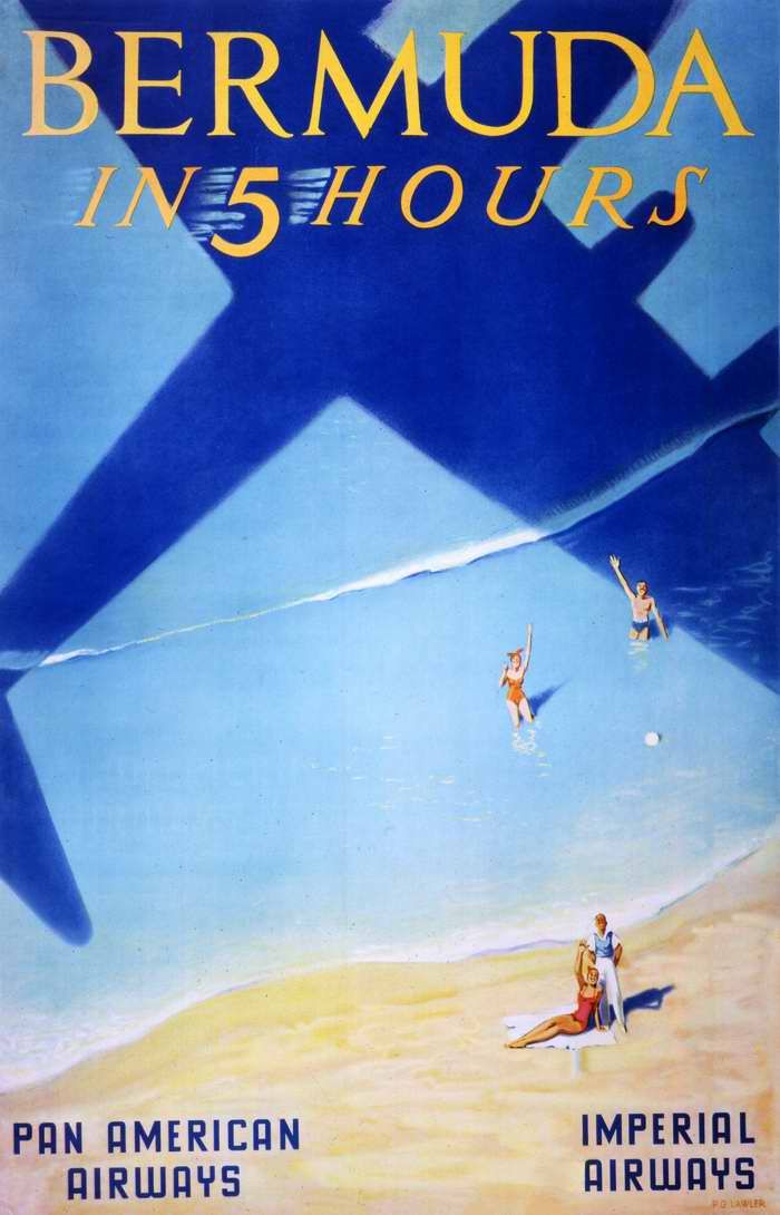 Авиационные плакаты США 20-х - 30-х годов | На Бермудские острова за 5 часов - авиакомпании Pan American Airways и Imperial Airways (1938 год)