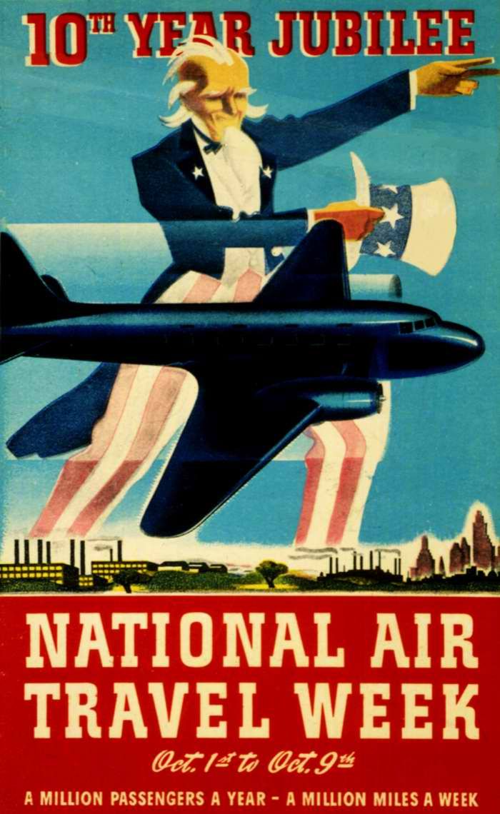 Авиационные плакаты США 20-х - 30-х годов | Национальная неделя авиапутешествий: миллион пассажиров год - миллион миль в неделю (1938 год)