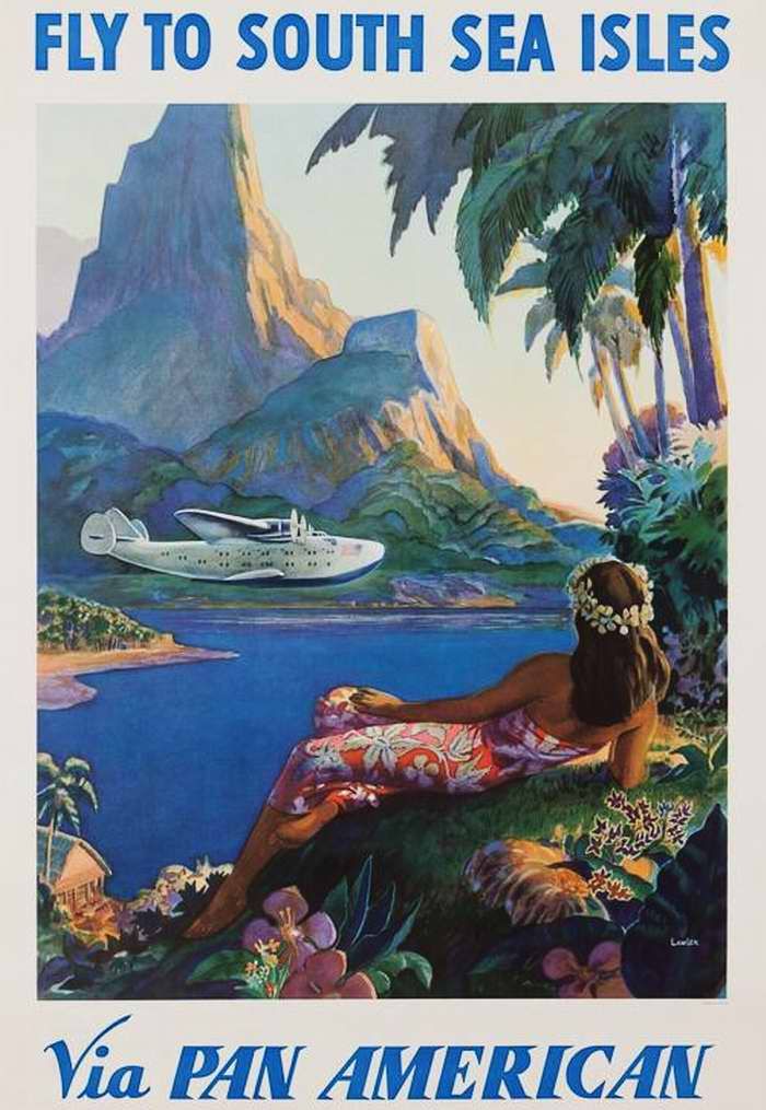 Авиационные плакаты США 20-х - 30-х годов | Летайте на тихоокеанские тропические острова с авиакомпанией Pan American Airways (1938 год)