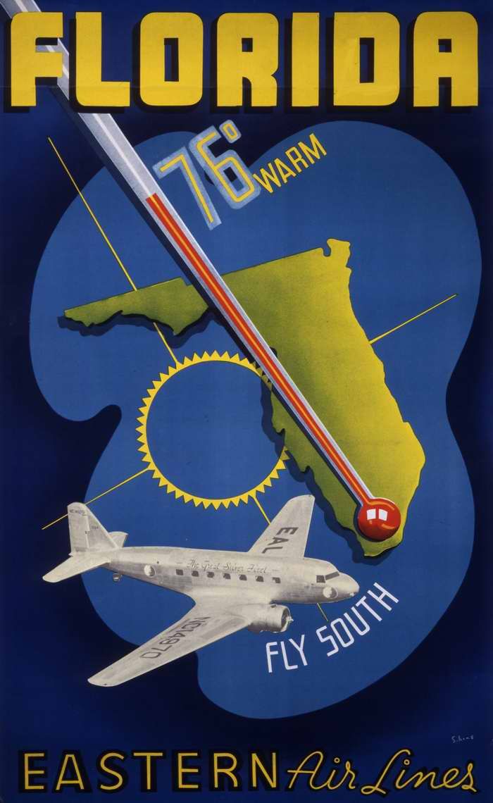 Авиационные плакаты США 20-х - 30-х годов | Флорида - полеты на юг с авиакомпанией Eastern Air Lines (1938 год)