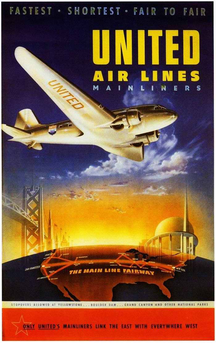 Авиационные плакаты США 20-х - 30-х годов | Основная линия фарватера - перелеты между Всемирной выставкой в Нью-Йорке и международной выставкой "Золотые ворота" в Сан-Франциско самолетами авиакомпании Pan American Airways (1939 год)