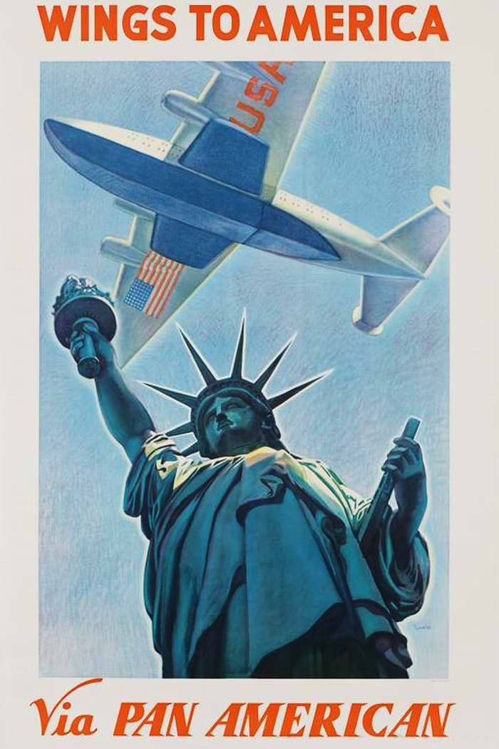 Авиационные плакаты США 20-х - 30-х годов | Летайте в Америку самолетами авиакомпании Pan American (1939 год)