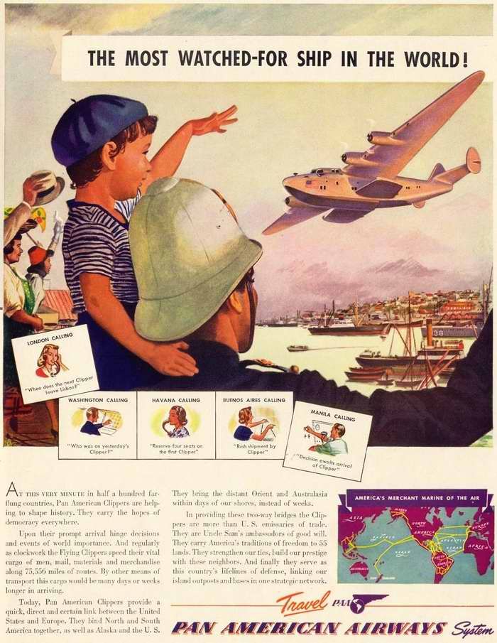 Авиационные плакаты США 20-х - 30-х годов | Самые популярные во всем мире гигантские летающие лодки авиакомпании Pan American Airways (1940 год)