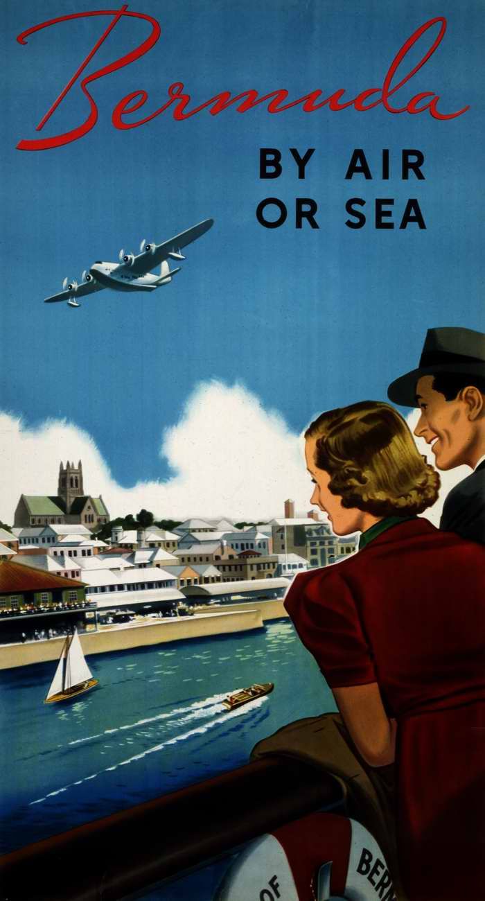 Авиационные плакаты США 20-х - 30-х годов | На Бермудские острова - по воздуху или морским путем (1940 год)