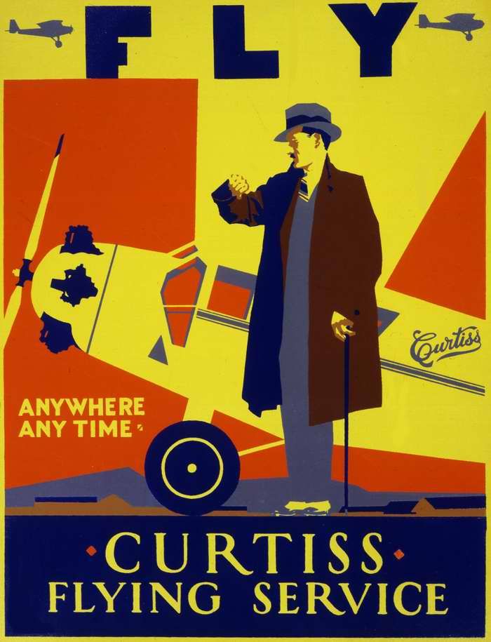 Авиационные плакаты США 20-х - 30-х годов | В любое место в любое время. Летная служба авиастроительной компании Curtiss (1928 год)