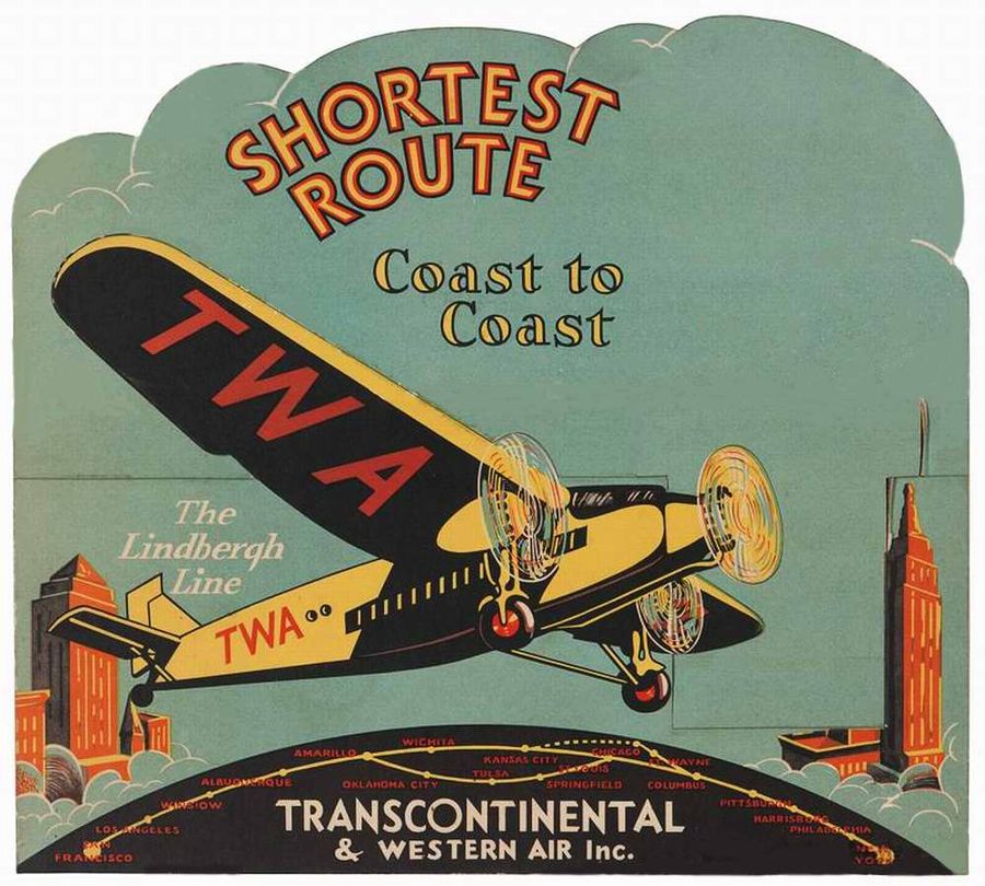 Авиационные плакаты США 20-х - 30-х годов | Авиакомпания Transcontinental & Western Air. По кратчайшему пути от побережья к побережью - от Нью-Йорка до Сан-Франциско (1929 год)