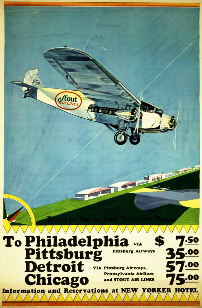 Авиационные плакаты США 20-х - 30-х годов | Авиакомпания Stout Airlines. Полеты из Нью-Йорка в Филадельфию, Питтсбург, Детройт и Чикаго (1929 год)